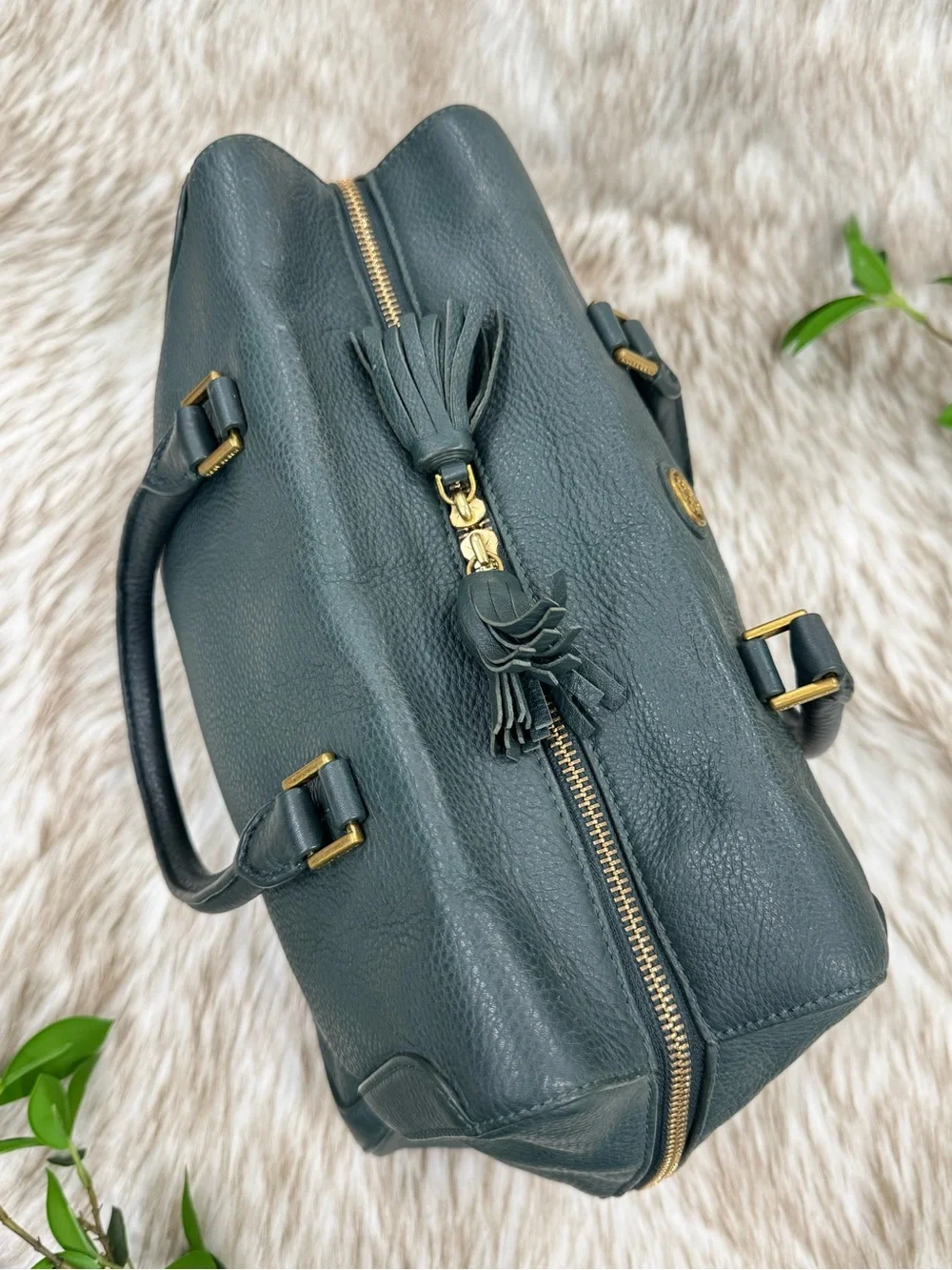 Tory Burch Green Pebbled Leather Satchel with Gold Hardware